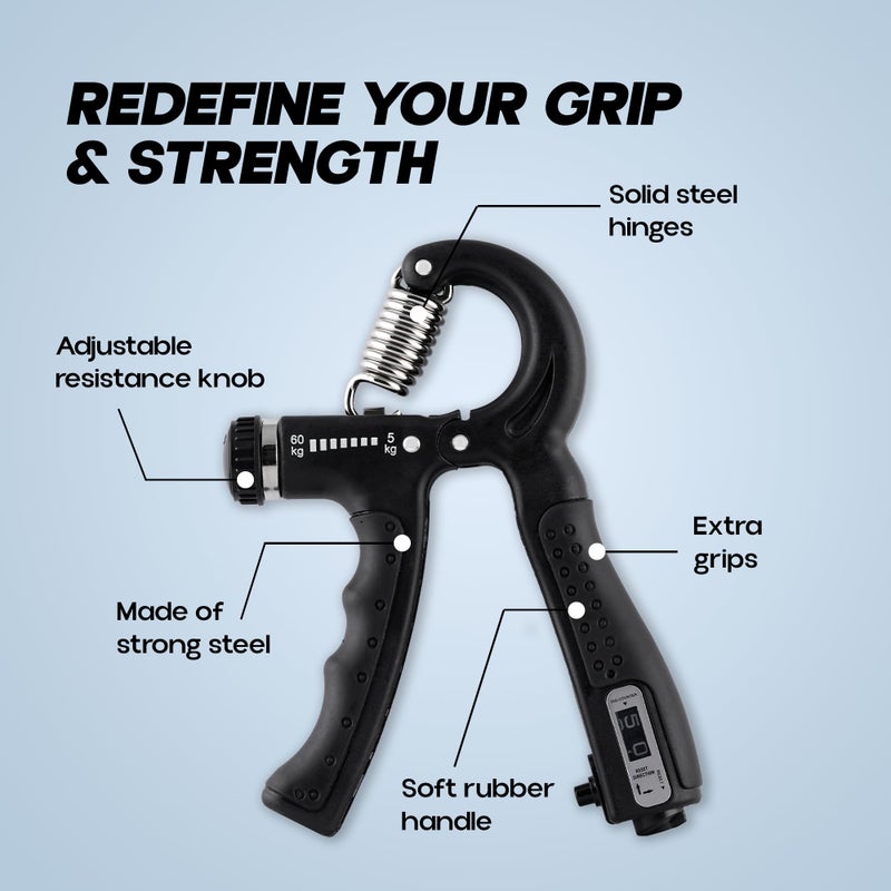 KONEX Adjustable Hand Gripper Strengthener for Men & Women | Hand Exercise Equipment for Home and Gym Workouts (With Counter, Black) - Image 3